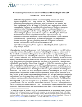 Where Do Negative Stereotypes Come From? the Case of Indian English in the USA Ethan Kutlu & Caroline Wiltshire*