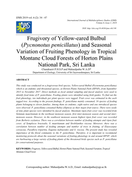 Frugivory of Yellow-Eared Bulbul (Pycnonotus Penicillatus)