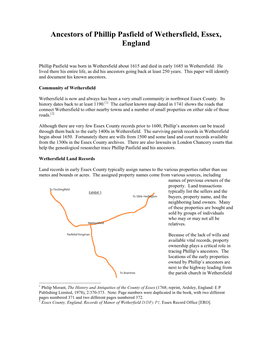 Ancestors of Phillip Pasfield of Wethersfield, Essex, England