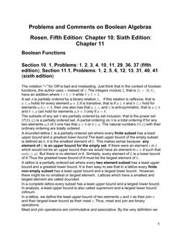 Problems and Comments on Boolean Algebras Rosen, Fifth Edition: Chapter 10; Sixth Edition: Chapter 11 Boolean Functions