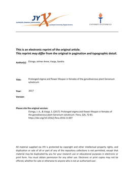 Prolonged Stigma and Flower Lifespan in Females of the Gynodioecious Plant Geranium Sylvaticum