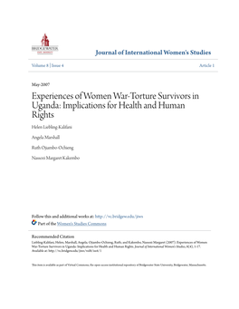 Experiences of Women War-Torture Survivors in Uganda: Implications for Health and Human Rights Helen Liebling-Kalifani