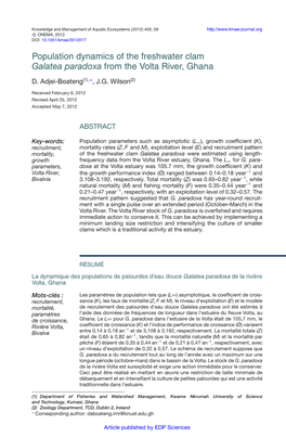 Population Dynamics of the Freshwater Clam Galatea Paradoxa from the Volta River, Ghana