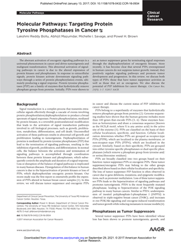 Targeting Protein Tyrosine Phosphatases in Cancer Lakshmi Reddy Bollu, Abhijit Mazumdar, Michelle I