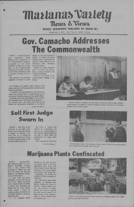 Gov. Camacho Addresses the Commonwealth SAIP an - a Crowd of Govern­ Session to Hear the Governor's Ment Departments Heads, Addrelli