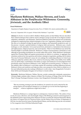 Marilynne Robinson, Wallace Stevens, and Louis Althusser in the Post/Secular Wilderness: Generosity, Jérémiade, and the Aesthetic Eﬀect