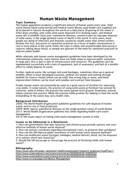 Human Waste Management Topic Summary: the Human Population Produces a Significant Amount of Human Waste Every Year