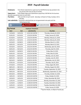 2019 Payroll Calendar