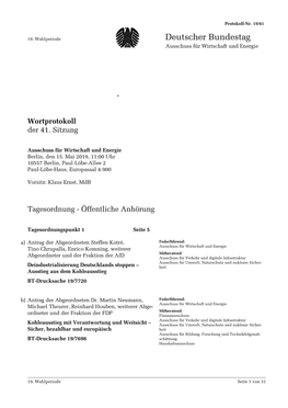 Wortprotokoll Der 41. Sitzung, 15. Mai 2019, Protokoll Nr. 19/41