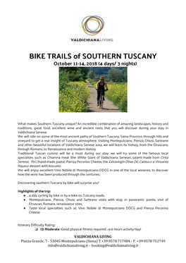 BIKE TRAILS of SOUTHERN TUSCANY October 11-14, 2018 (4 Days/ 3 Nights)