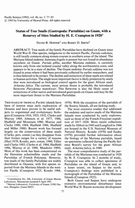 Status of Tree Snails (Gastropoda: Partulidae) on Guam, with a Resurvey of Sites Studied by H