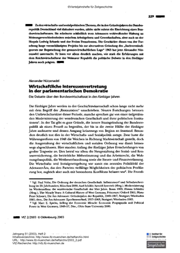 Wirtschaftliche Interessenvertretung in Der Parlamentarischen Demokratie Die Debatte Über Den Bundeswirtschaftsrat in Den Fünfziger Jahren