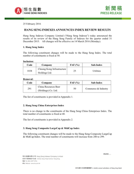 Hang Seng Indexes Announces Index Review Results