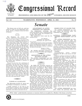 Congressional Record United States Th of America PROCEEDINGS and DEBATES of the 107 CONGRESS, SECOND SESSION