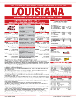 Louisiana at Texas State /// OVERALL: 4-1 | SUN BELT: 2-1 Saturday, October 31 | Bobcat Stadium | San Marcos, Texas | 7 P.M
