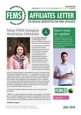 Affiliates Letter the Official Newsletter for FEMS Affiliates