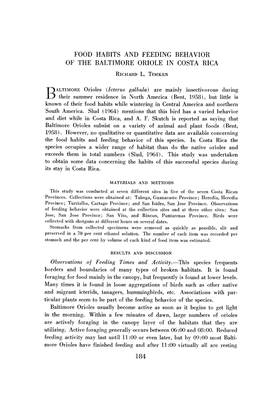 Food Habits and Feeding Behavior of the Baltimore Oriole in Costa Rica