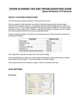 EPSON SCANNING TIPS and TROUBLESHOOTING GUIDE Epson Perfection 3170 Scanner