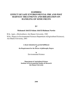 Eg0900024 Effect of Safe Environmental Pre and Post Harvest Treatments and Irradiation on Handling of Some Fruits