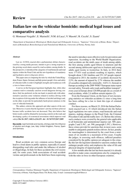 Italian Law on the Vehicular Homicide: Medical Legal Issues and Comparative Analysis G