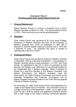 Curriculum Vitae of the Honourable Chief Justice Robert French AC 1