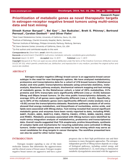 Prioritization of Metabolic Genes As Novel Therapeutic Targets in Estrogen-Receptor Negative Breast Tumors Using Multi-Omics Data and Text Mining