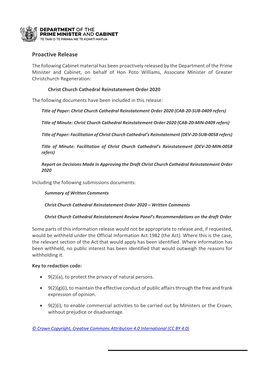 Christ Church Cathedral Reinstatement Order 2020 the Following Documents Have Been Included in This Release