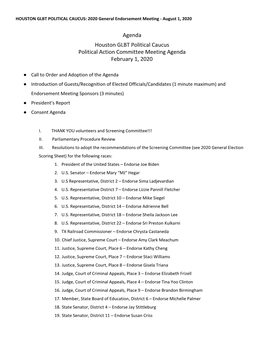 Agenda Houston GLBT Political Caucus Political Action Committee Meeting Agenda February 1, 2020