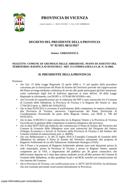 Decreto Del Presidente Della Provincia N° 92 Del 08/11/2017