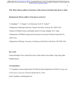 Risk of Disease Spillover from Dogs to Wild Carnivores in Kanha Tiger Reserve, India. Running Head