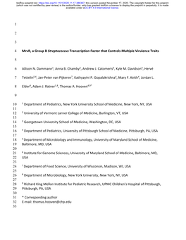 Mrvr, a Group B Streptococcus Transcription Factor That Controls Multiple Virulence Traits
