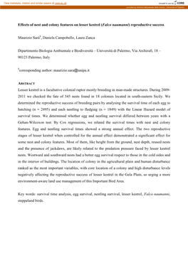 Effects of Nest and Colony Features on Lesser Kestrel Survival