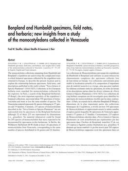 Bonpland and Humboldt Specimens, Field Notes, and Herbaria; New Insights from a Study of the Monocotyledons Collected in Venezuela