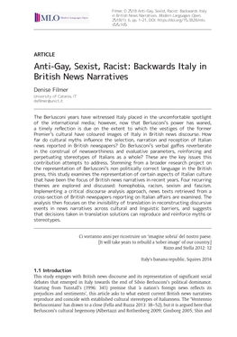 Anti-Gay, Sexist, Racist: Backwards Italy in British News Narratives