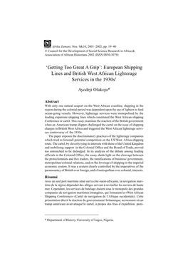 European Shipping Lines and British West African Lighterage Services in the 1930S1