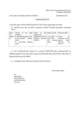 Office of the Accountant General (AU) Telangana, Hyderabad Lr.No.AG