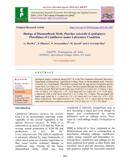 Biology of Diamondback Moth, Plutellae Xylostella (Lepidoptera: Plutellidae) of Cauliflower Under Laboratory Condition