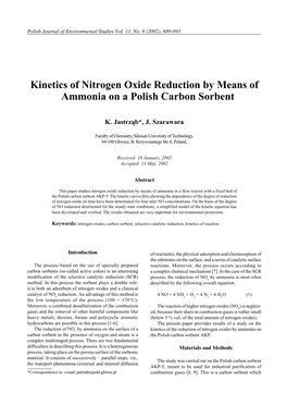 Kinetics of Nitrogen Oxide Reduction by Means of Ammonia on a Polish Carbon Sorbent