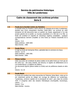 Cadre De Classement Des Archives Privées Série S Service Du