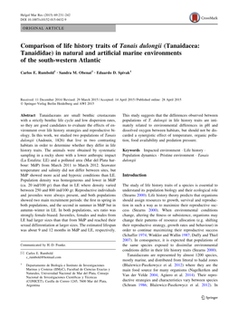 Comparison of Life History Traits of Tanais Dulongii (Tanaidacea: Tanaididae) in Natural and Artiﬁcial Marine Environments of the South-Western Atlantic