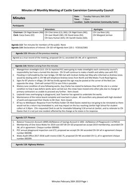 Minutes of Monthly Meeting of Castle Caereinion Community Council