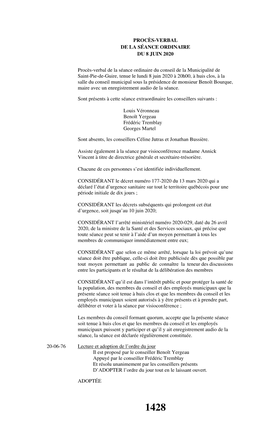 Procès-Verbal De La Séance Ordinaire Du 8 Juin 2020