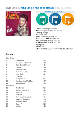 Elvis Presley King Creole Plus Blue Hawaii Mp3, Flac, Wma