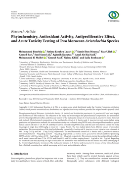 Phytochemistry, Antioxidant Activity, Antiproliferative Effect, and Acute Toxicity Testing of Two Moroccan Aristolochia Species