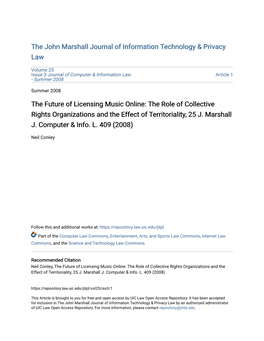 The Future of Licensing Music Online: the Role of Collective Rights Organizations and the Effect of Territoriality, 25 J
