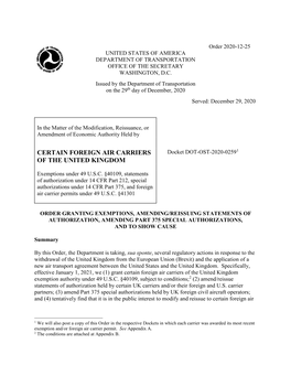 Certain Foreign Air Carriers of the United Kingdom Exemption Authority Under 49 U.S.C