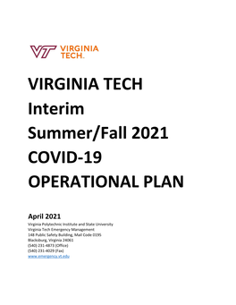 VIRGINIA TECH Interim Summer/Fall 2021 COVID-19 OPERATIONAL PLAN