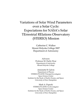 Variations of Solar Wind Parameters Over a Solar Cycle: Expectations for NASA’S Solar Terrestrial Relations Observatory (STEREO) Mission