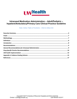 Intranasal Medication Administration – Adult/Pediatric – Inpatient/Ambulatory/Primary Care Clinical Practice Guideline