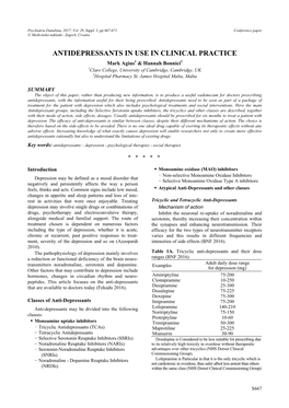 ANTIDEPRESSANTS in USE in CLINICAL PRACTICE Mark Agius1 & Hannah Bonnici2 1Clare College, University of Cambridge, Cambridge, UK 2Hospital Pharmacy St